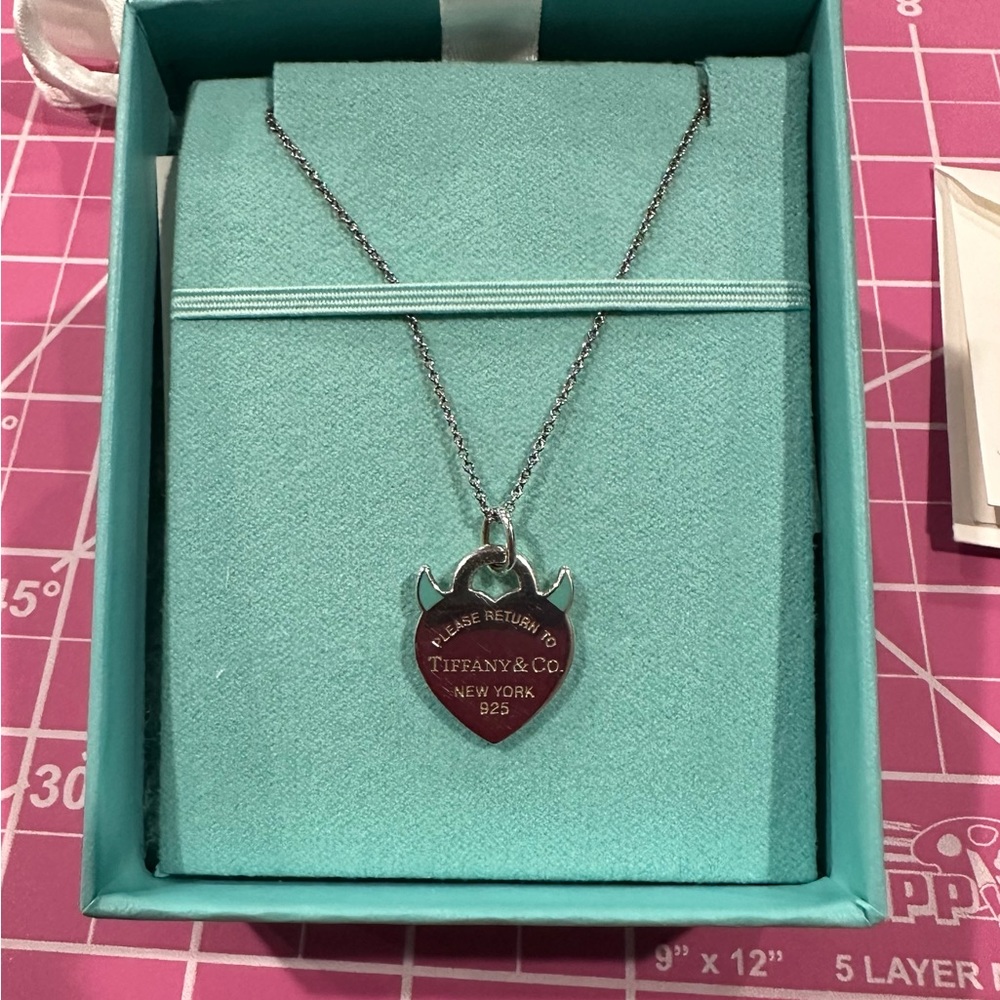 SOLD Auth Return to Tiffany & Co Devil charm w/ blue enamel horns & 16” chain